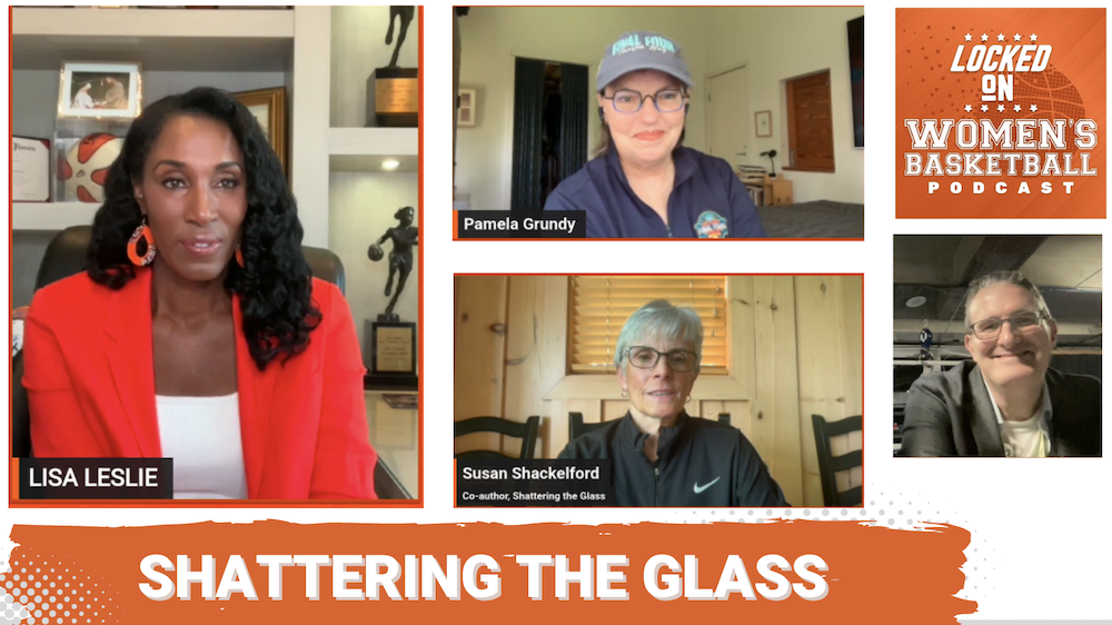 Lisa Leslie, Pamela Grundy and Susan Shackelford sit on a Zoom call.